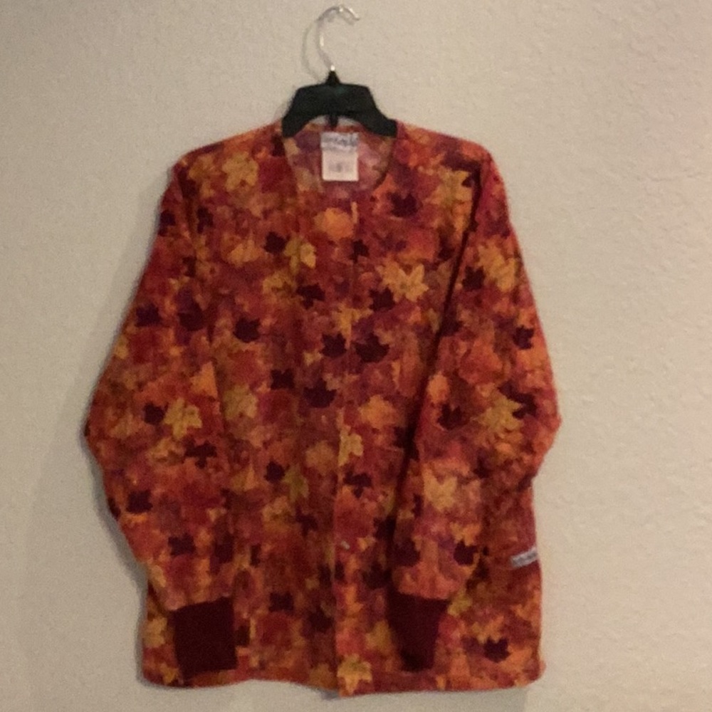 Autumn scrub jacket maple leaves burgundy rust and gold in colors